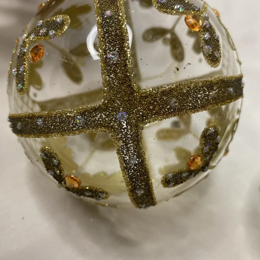 Set Of 4 Pottery Barn Glass Gold Clear Christmas Ornaments
